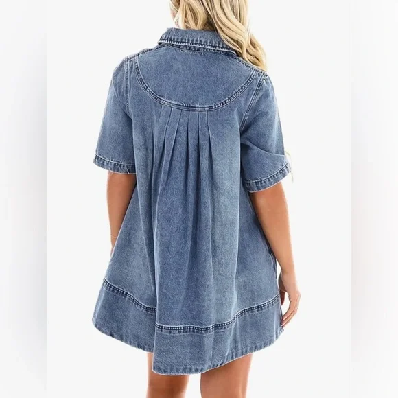 Women’s Denim Polo Baby Doll Dress With Pockets in Washed Blue - Picture 2 of 8